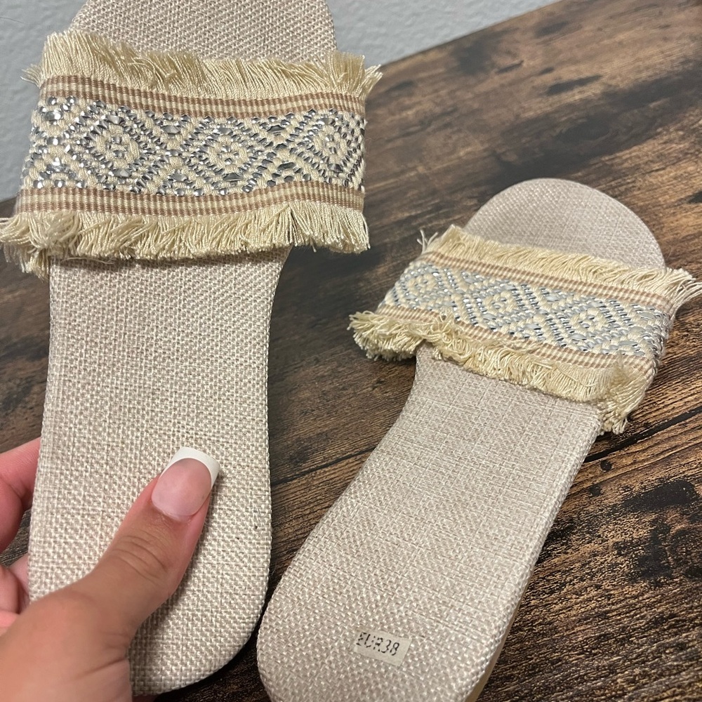 Beige Fringed Women's Slide Sandals